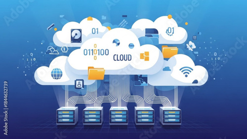 Cloud computing concept with servers and data storage connected to cloud services on a blue gradient background with various icons