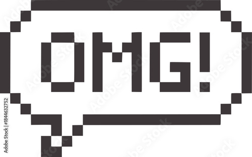 Pixelated speech bubble with dark gray O M G text white