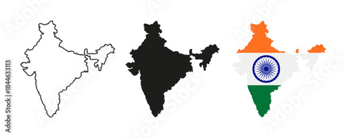 India map icon collection, India map sign vector set in outline, solid and nation flag style