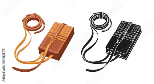 A detailed illustration of a small leather pouch with a strap in color and silhouette