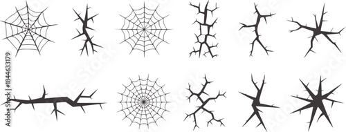 Ten black fractal crack patterns white cracks