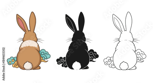 Three rabbits depicted in varying color schemes brown black and white