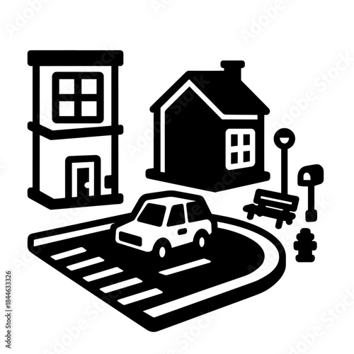 Minimal Black and White City Neighborhood Vector Icon – Modern Urban AI Concept Art