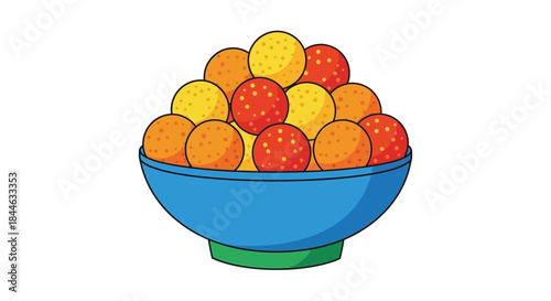 A colorful cartoon illustration of a blue bowl filled with various fruits