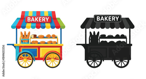 Colorful bakery cart and its monochrome version displaying breads and pastries