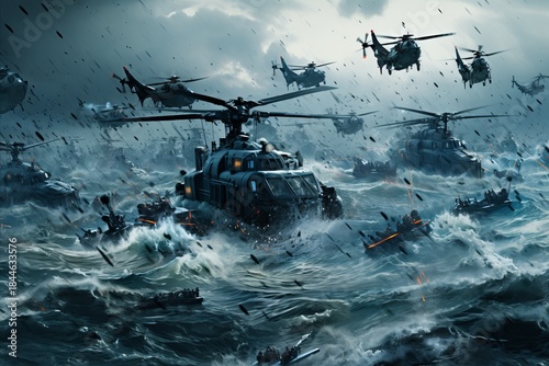 Military helicopters soar above the water in formation