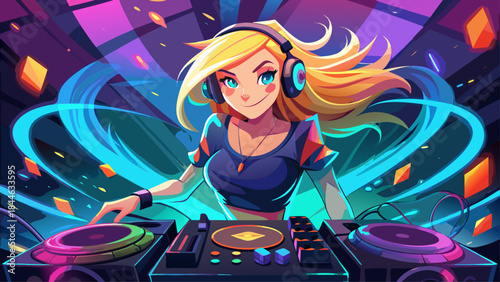 Very beautiful happy DJ girl with blonde hair using a DJ mixer in a smoky nightclub, dynamic lighting, energetic nightlife mood, modern vector illustration with expressive character design.