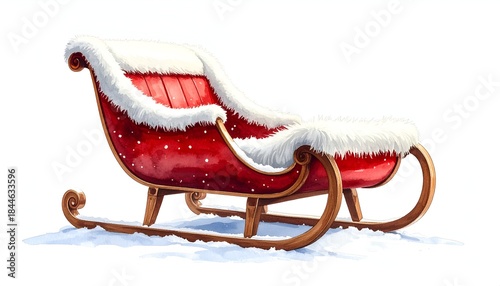 A festive, red wooden sleigh with white fur trim sits on snow against a white background