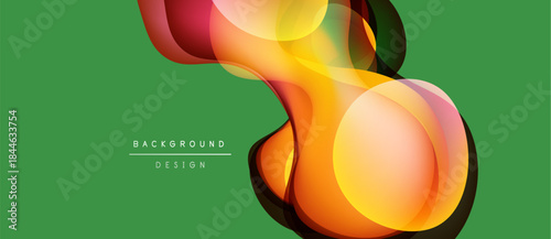 Abstract colorful shapes overlap, creating dynamic visual effect. Green background enhances vibrant hues, modern design element.