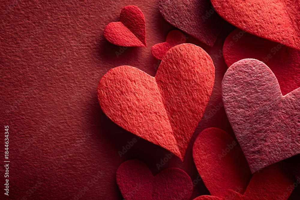 Obraz premium Red paper hearts on red paper background. Love and Valentine's day concept.