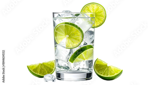 Refreshing drink in a glass with ice and lime slices against a black background
