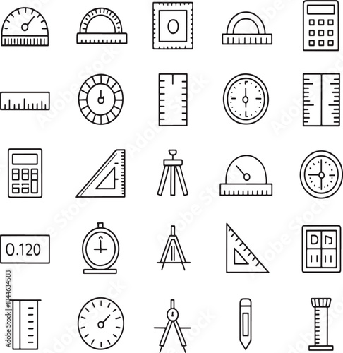Collection of black line art measuring tools and calculators on white background ruler protractor