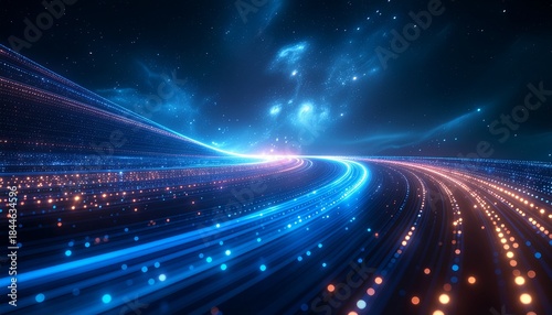 Abstract digital network flow with glowing blue and orange lights on a dark, starry background