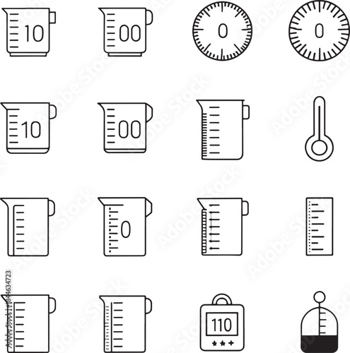 Collection of line art icons measuring cups timers thermometer and scale beaker laboratory equipment