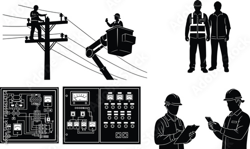 Professional Electrical Engineers and Utility Workers Performing High-Voltage Line Maintenance, Power Grid Installation, and Control Panel Inspection with Safety Equipment
