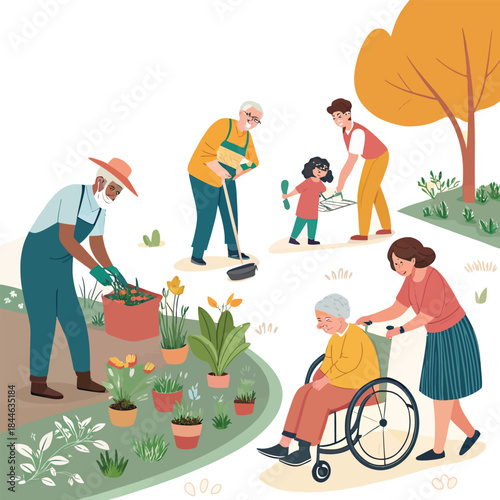 Diverse people gardening and caring for elderly in autumn park setting elderly care community
