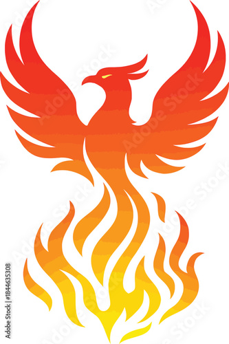 Fiery phoenix bird rising from flames with spread wings and yellow eye fire