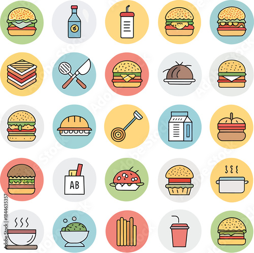 Flat Icon Set Featuring Burgers Sandwiches Drinks and Food Preparation Utensils hamburger