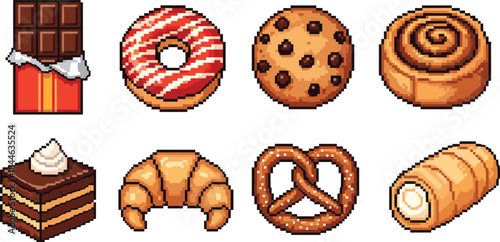 Chocolate Bar, Donut, Cookie, Croissant, and Pastries for Retro 8-Bit Game Design.