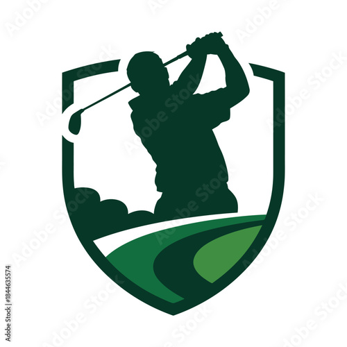 Golfer Swinging Club Shield Logo dynamic vector emblem