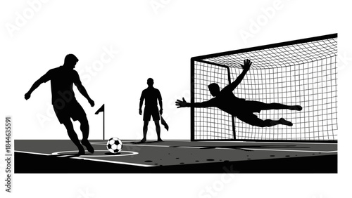 Dynamic Silhouette of Football Player Shooting and Goalkeeper Diving for a Save on a Dark Field Background