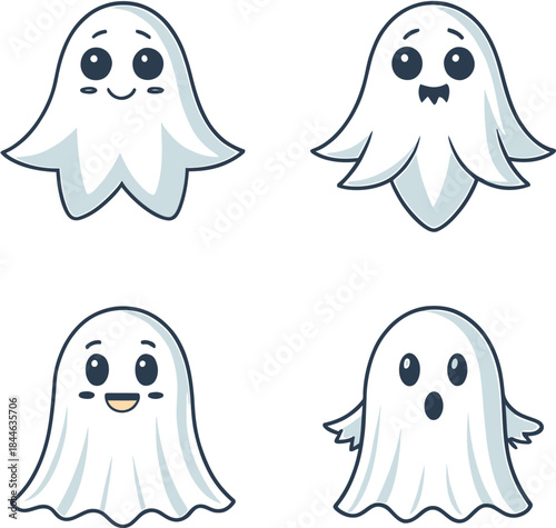 Four cute cartoon ghosts with different expressions on white background character spooky