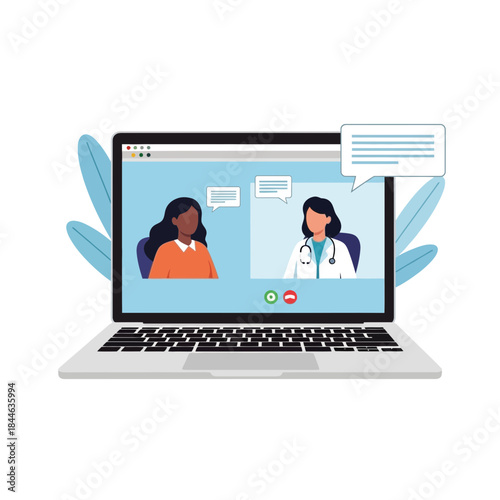 Laptop displaying a video call between a patient and a medical professional discussing health