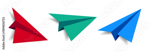 Set paper plane 3D model jet. Different view paper airplane isolated