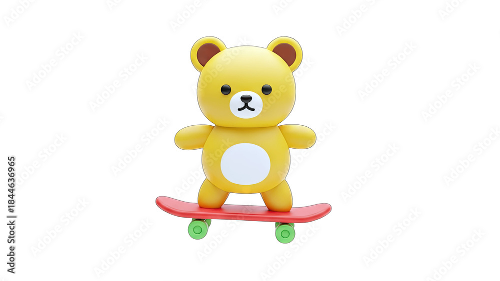 Naklejka premium Yellow Bear Riding Skateboard on White Background