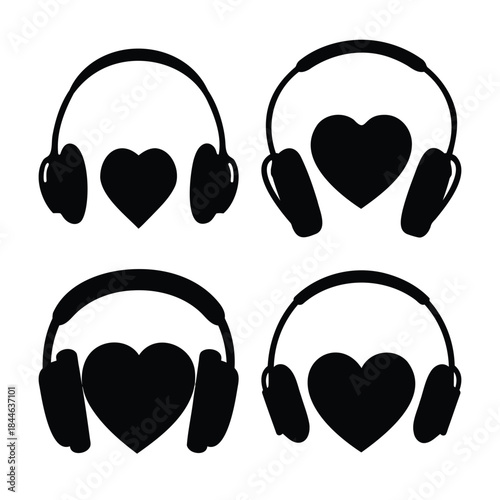 Headphones with hearts icon set symbolizing love for music