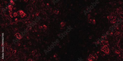 Abstract textured background with luminous red organic formations and irregular shapes on a deep black canvas, science and abstract art concept
