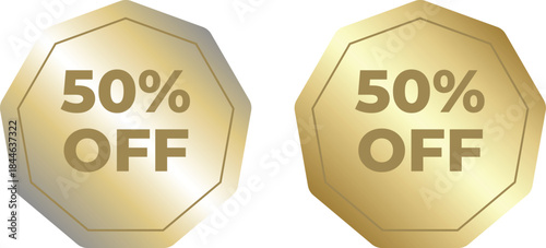 Shiny gold 50 percent off price tag label, discount badge set