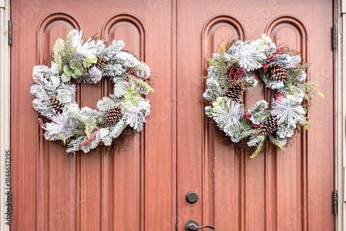 White Wreaths on Red Door
