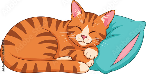 : Cute Cartoon Vector Illustration of a Sleeping Orange Tabby Cat Happily Resting on a Bright Blue Pillow, Symbolizing Relaxation, Pets, Comfort, and Home