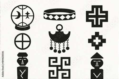 Mapuche Culture Icon Set Vector Illustration with Traditional Symbols and Crafts