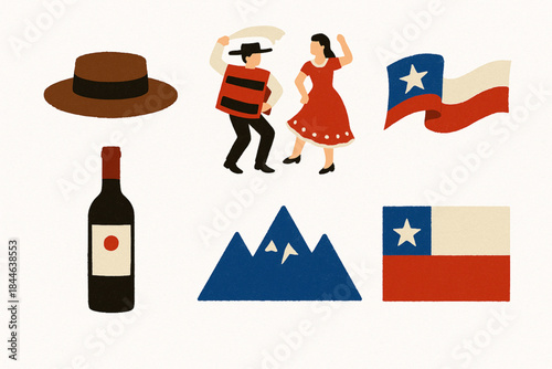 Chilean Culture Icon Set with Huaso Hat, Cueca Dancers and Traditional Symbols