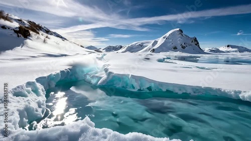 Stunning Arctic Landscape with Turquoise Ice and Snow Covered Mountains Under Blue Sky.