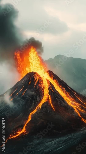 A powerful volcanic eruption spews molten lava and thick smoke. Fiery rivers flow down the dark mountain under a cloudy sky.