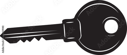 Black silhouette of a single house key with a round bow and serrated bit white object