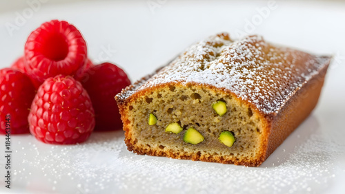 Delicate pistachio financier cake dusted with powdered sugar, served with fresh raspberries for a sweet treat.