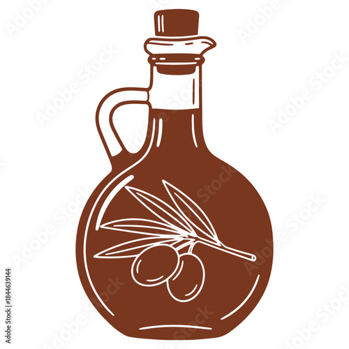 Brown glass bottle with cork stopper containing olive oil isolated on white background