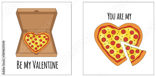  Cute Valentine's Day Pizza Vector Set with Heart-Shaped Slices, Cardboard Box, and Holiday Text for Greeting Cards, Love, and Food Concepts.
