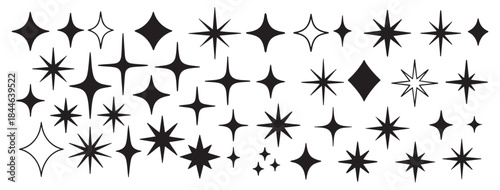 Set of shining stars, sparkle icons, starburst shapes in various styles, black silhouette and outline, isolated on white background. Concept of magic twinkle effect, elements for decor and design