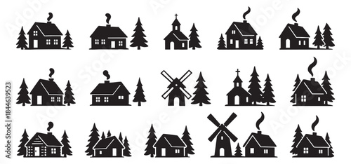 SET - Black silhouette of various cozy houses and windmills with trees and smoke from chimneys, isolated on white background. concept of rural architecture, homestead, countryside decor, forest, home