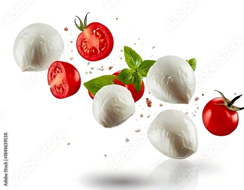 Isolated falling mozzarella cheese with a clipping path and the components of a caprese salad on a white background