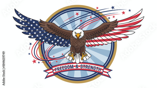 Vector Patriotic Eagle Illustration – “Strength, Freedom & Pride” Emblem with American Flag Wings for U.S. Identity, National Power, and Heritage Design Themes