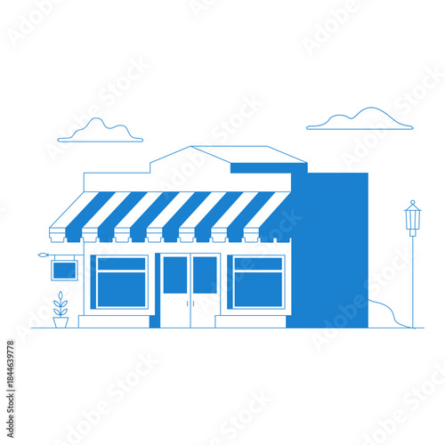 Modern minimalist design with store building. Vector. Thin line icon shop or market store front. For web design and application interface, also useful for infographics.