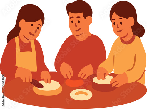 A warm flat illustration depicts family members preparing traditional food together at a table, symbolizing togetherness and shared celebration during Lunar New Year.