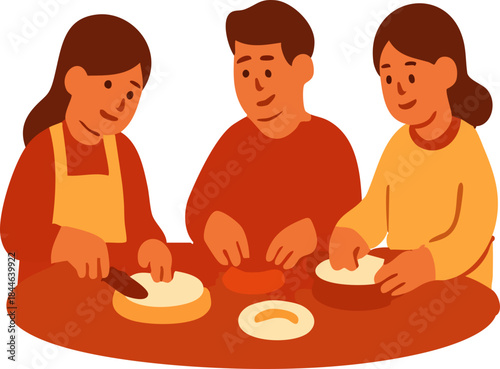 A warm flat illustration depicts family members preparing traditional food together at a table, symbolizing togetherness and shared celebration during Lunar New Year.