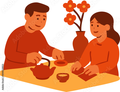 A warm flat illustration shows a couple sharing tea and exchanging red envelopes at a table, symbolizing hospitality and blessings during Lunar New Year
